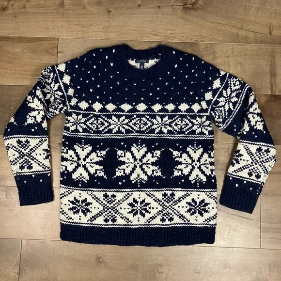 Lands End Women’s Size L (14-16) Wool Blend Sweater Snowflake Nordic Navy White - Picture 2 of 15